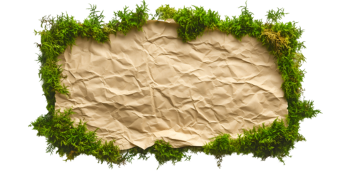 Eco-Friendly Paper: A vintage-style crafted blank paper framed with vibrant moss invites creativity and eco-consciousness. The crumpled texture of the paper tells a story of time and care.