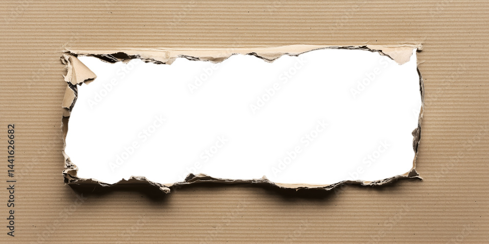 Poster torn cardboard frame: a rectangular hole torn in a piece of light brown cardboard, creating a rough,