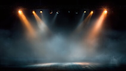 Naklejka premium A dark, empty stage is illuminated by dramatic spotlights through a haze of smoke, creating a theatrical and mysterious atmosphere.
