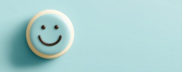 feedback survey response concept. Happy face button on a light blue background.