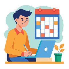 Young man with computer fills schedule calendar vector 