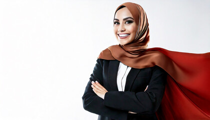 A confident woman wearing a business suit and a brown hijab, standing with her arms crossed and smiling brightly.