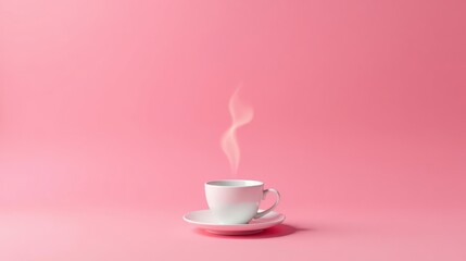 Aromatic Steam Rising From a Delicate White Teacup on a Soft Pink Background