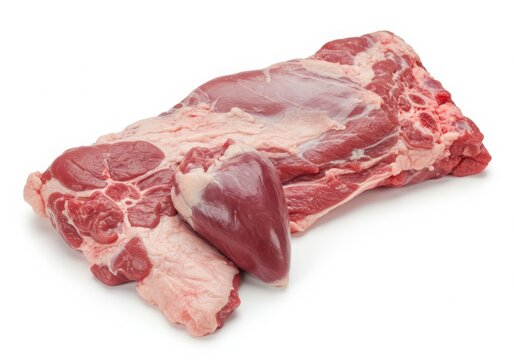 Raw lamb meat and heart isolated on white background