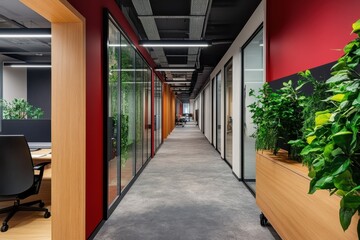 A view of a modern office hallway with glass walls and plants in a long perspective view indoors
