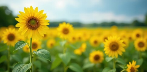 Fototapeta premium Wide shot of tall sunflowers in a garden with other flowers, field, sunflowers, yellow