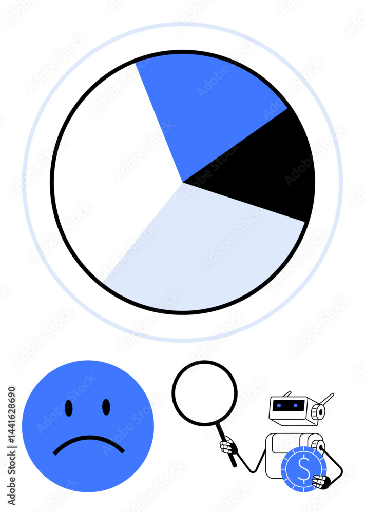 Poster pie chart analytics, magnifying data trends, robot with coin icon, and sad face showing loss. ideal 