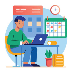 Young man with computer fills schedule calendar vector 