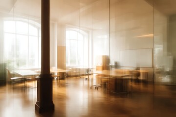 Bright and blurred modern office space with large arched windows, wooden floors, glass walls, desks, chairs, and a whiteboard creating a warm and airy atmosphere