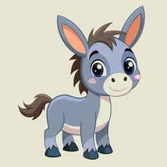 Naklejka premium A cute blue cartoon donkey with big eyes and a smiling face stands happily with its tail wagging on a gentle green background.