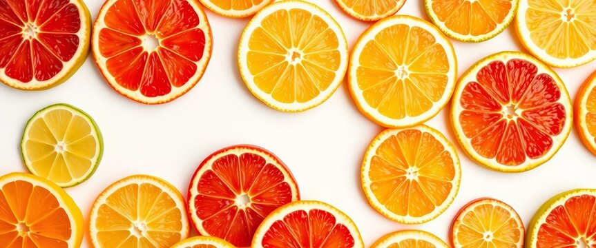 Vibrant citrus fruit slices arranged in a colorful pattern on white, fruit, overhead
