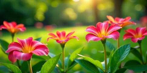 Fototapeta premium Vibrant flowers in full bloom on lush green plants in a park, nature, park