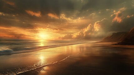 Golden sunset over ocean beach dramatic cloudscape peaceful seascape coastal view stunning summer