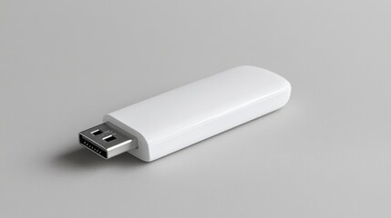 A white USB flash drive with rounded edges, lying flat on a light grey background 