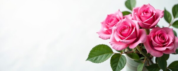 Fototapeta premium Vibrant pink roses with green leaves on white backdrop, Petals, Nature, Flowers