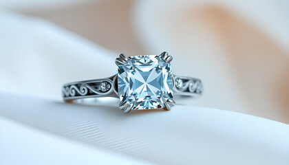 A high-definition close-up of an exquisite diamond engagement ring with a flawless cushion-cut gemstone, set in a platinum band with intricate engravings 2