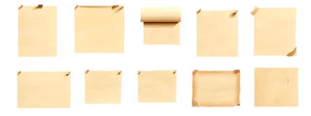 Vintage Paper Textures: A collection of aged paper textures, showing various shapes and states of wear, perfect for adding a vintage or antique feel to your designs.