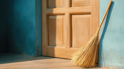 Handmade straw broom standing beside open wooden door, warm sunlight