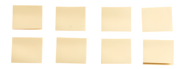 Grid of Sticky Notes: A collection of eight blank sticky notes arranged in a neat grid, providing a clean and organized canvas for ideas, reminders, and creative expression.