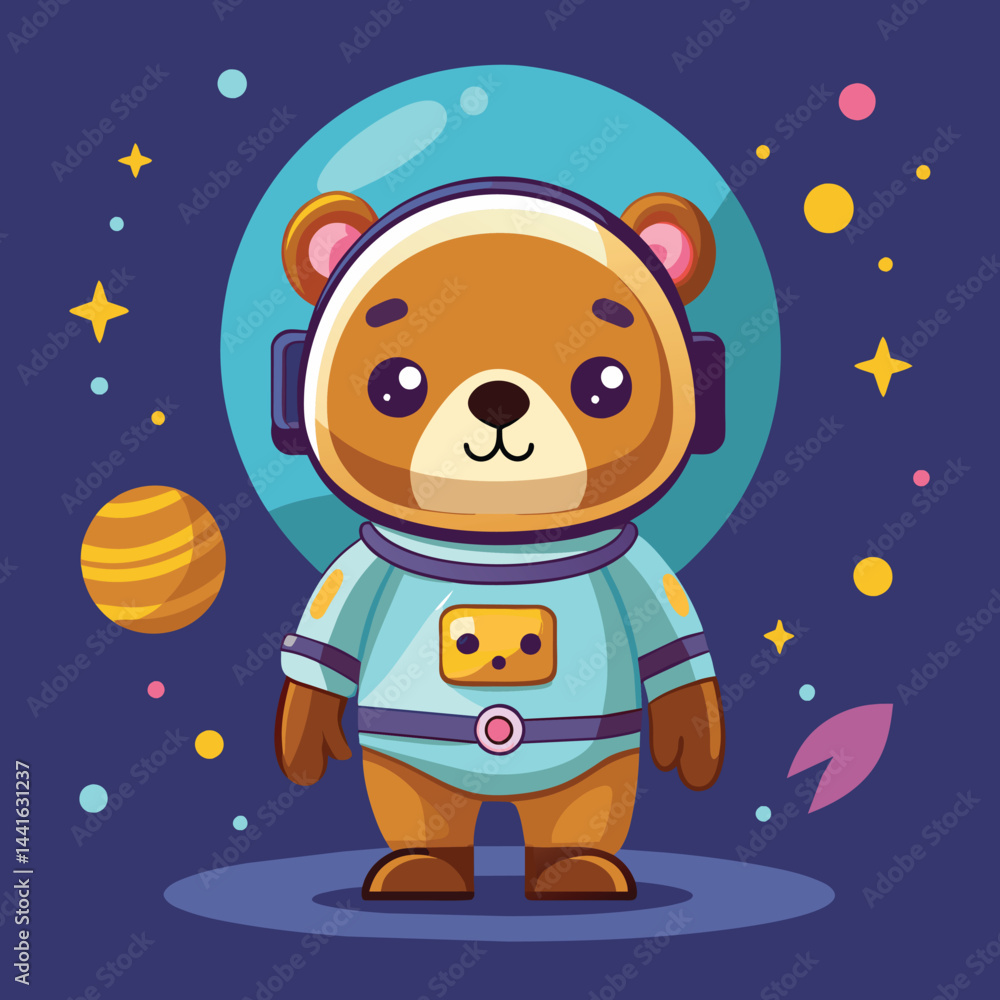 Poster a cheerful bear in a space suit floats through outer space, surrounded by colorful planets and twink