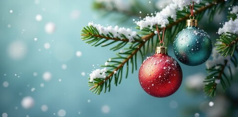 Obraz premium Snowflakes surrounding the kugeln on a fir branch, ornaments, white