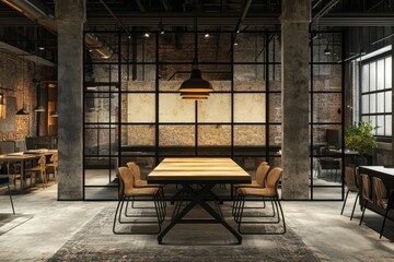 Interior of a modern restaurant with a large wooden table and chairs in center area 