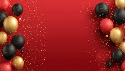 Black, gold, and red balloons with confetti frame a vibrant red background, creating a festive celebration scene.