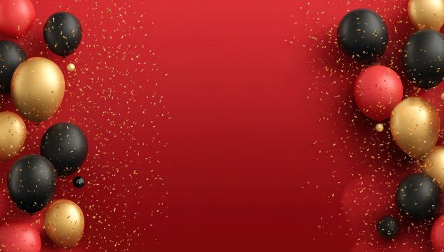 Black, gold, and red balloons with confetti frame a vibrant red background, creating a festive celebration scene. - Powered by Adobe