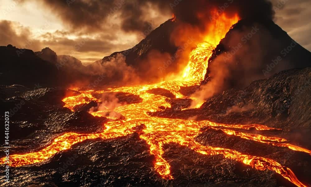 Poster molten lava stream from erupting volcano flows through rugged terrain made with generative ai techno
