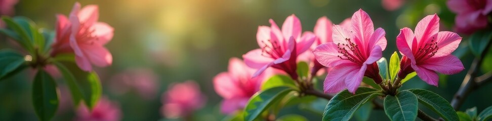 Fototapeta premium Pink rhododendron branches in the morning dew, garden, morning dew