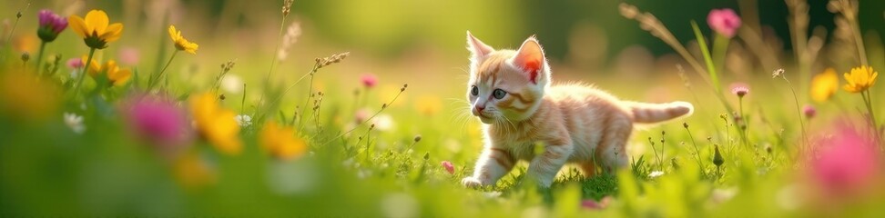 Pink kitten exploring a field of tall flowers and greenery, wildflower, leaf