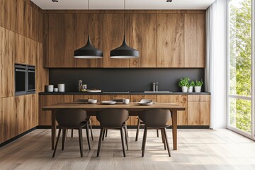 Interior of a modern kitchen with wood cabinets and a table with chairs under pendant lights