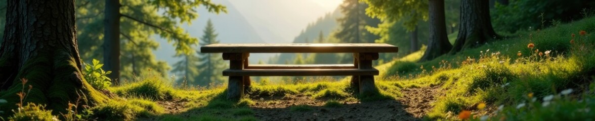 Fototapeta premium Holztisch im Wald mit einem wundersch?nen Felsvorsprung, alps, landscape, bench