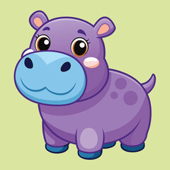 Fototapeta premium A cartoon hippo with a friendly expression stands against a soft yellow backdrop. Its round body and bright eyes create an inviting and cheerful appearance for kids.