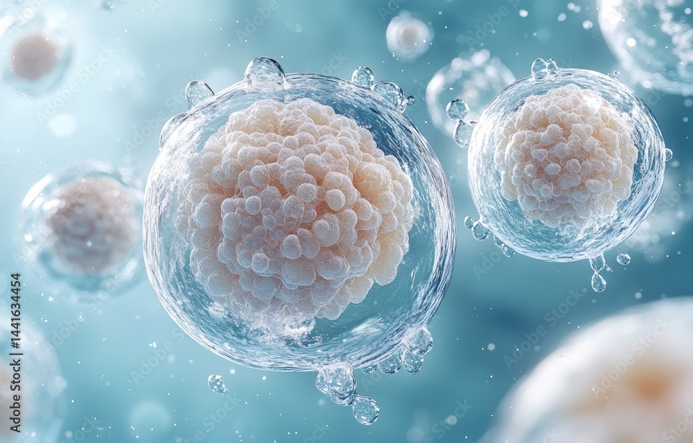 Poster close-up view of developing cells in a liquid medium.