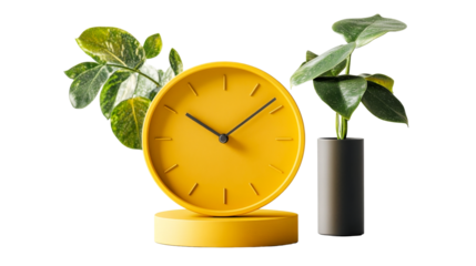 Yellow clock, plant, vase on black background, cut out transparent