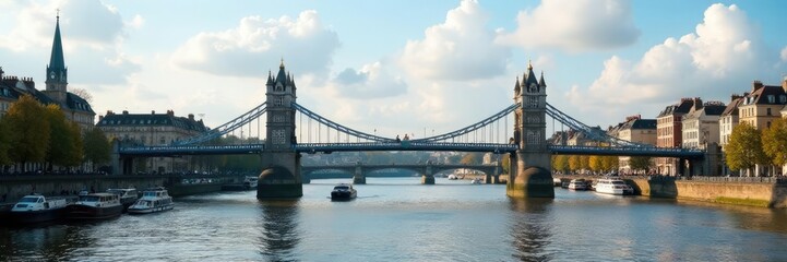 Obraz premium Historic bridge spanning river with boats on the water, historic, UK, scenery