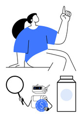 Woman pointing upward in thought, robot holding magnifying glass and coin, milk carton nearby. Ideal for innovation, technology, sustainability, research, AI integration, human-machine collaboration