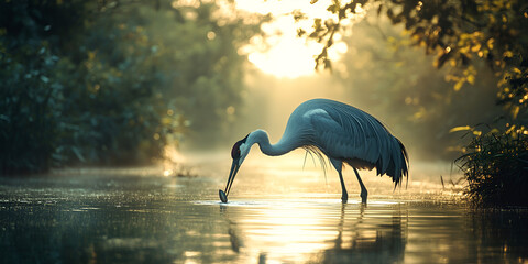 Heron Bird Fishing in River at Sunrise, Wildlife Photography, Peaceful River Scene