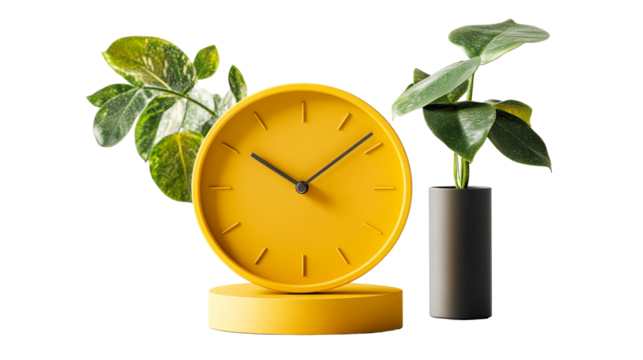 Yellow clock, plant, vase on black background, cut out transparent