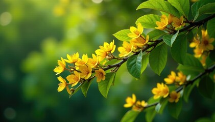 Obraz premium Guayacane tree branches with yellow flowers and leaves, arbol, florales, bosque