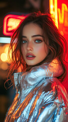 Fashion Model in Silver Jacket, Stylish Urban Look, Neon Glow Fashion Portrait
