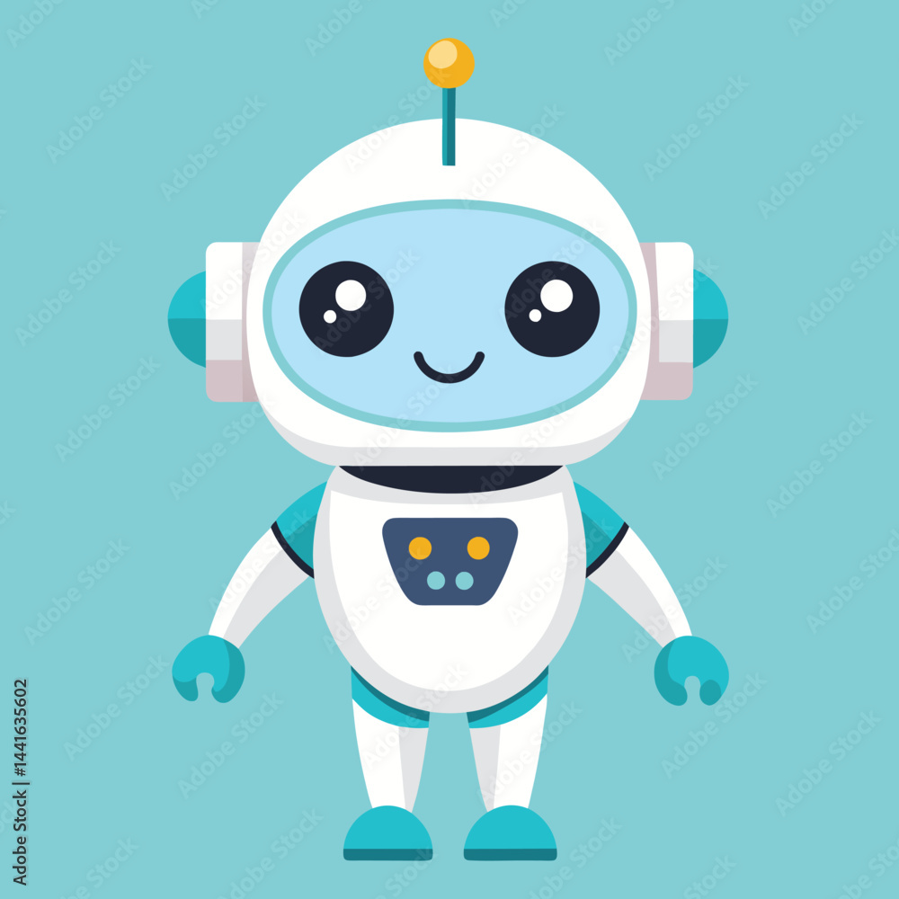 Poster a playful and friendly cartoon robot stands confidently with a smiling face and colorful elements, c