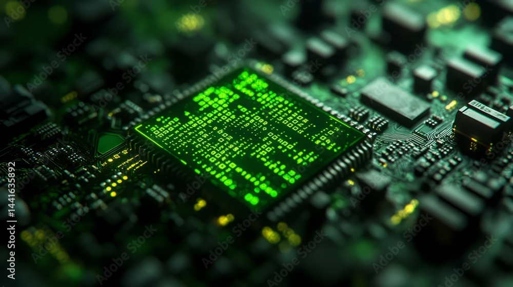 Poster digital circuitry: a close-up shot of a futuristic motherboard illuminates with intricate circuits, 