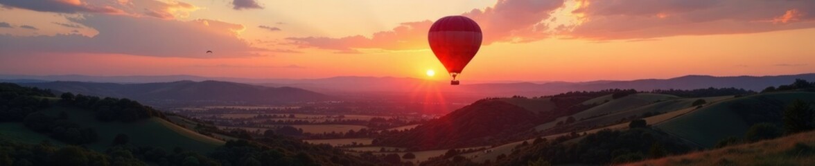 Obraz premium Evening hot air balloon ride over rolling hills, peaceful scene, fields, sunset