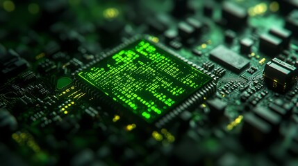 Digital Circuitry: A close-up shot of a futuristic motherboard illuminates with intricate circuits, displaying digital information, symbolizing innovation and technological advancement.