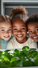 Happy Diverse Children with Green Plants Closeup Portrait