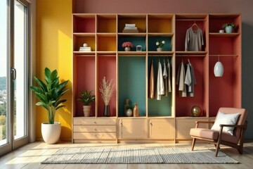 Estructuras en madera tallada con motivos geom?tricos, armarios, muebles, alfombrillas