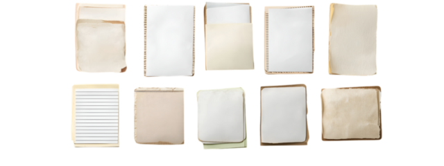 Vintage Paper Textures: A collection of twelve diverse aged paper textures, showing various degrees of wear and tear, ideal for scrapbooking, collage, or adding a vintage aesthetic to your designs.