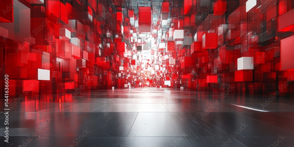 Poster red cube: a striking abstract composition, featuring a multitude of red cubes suspended in a dynamic